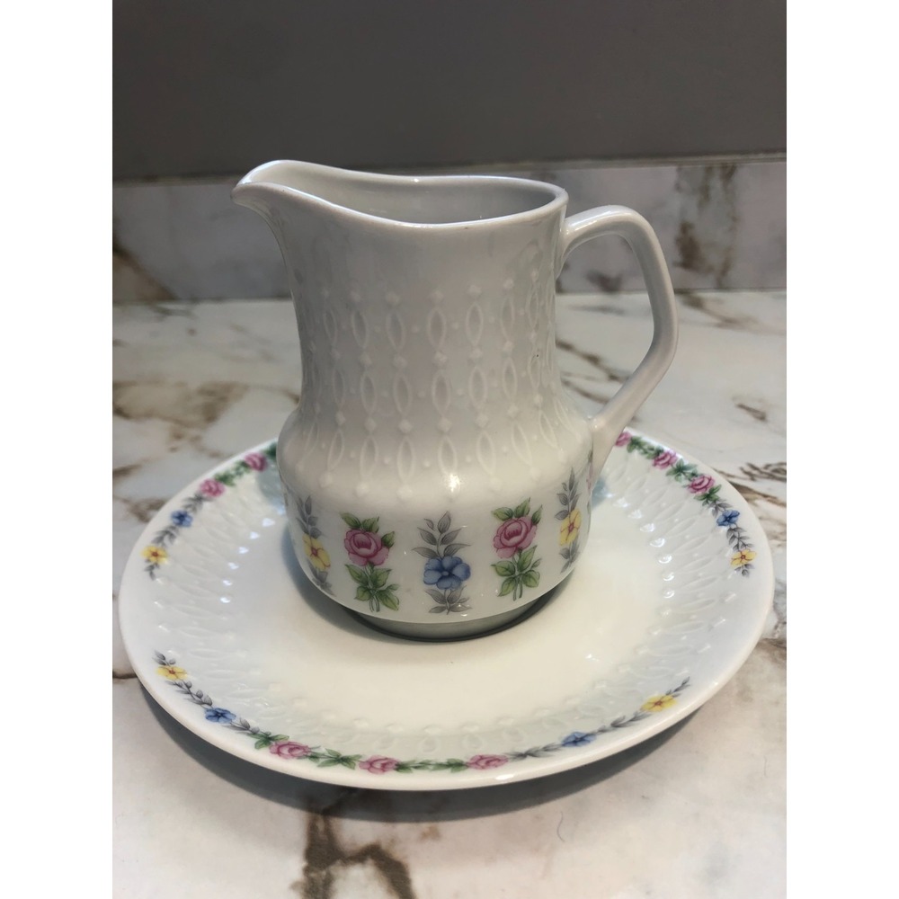 Mitterteich Bavaria Creamer, plus saucer Floral on white Pointelle design Vtg